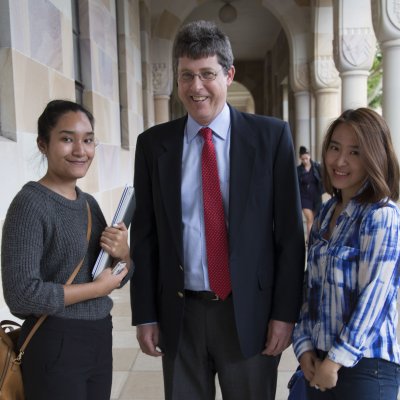 Third year psychology students from Universitas Indonesia, Nihal Kaur and Amanda Soengadie and Professor Bruce Abernethy